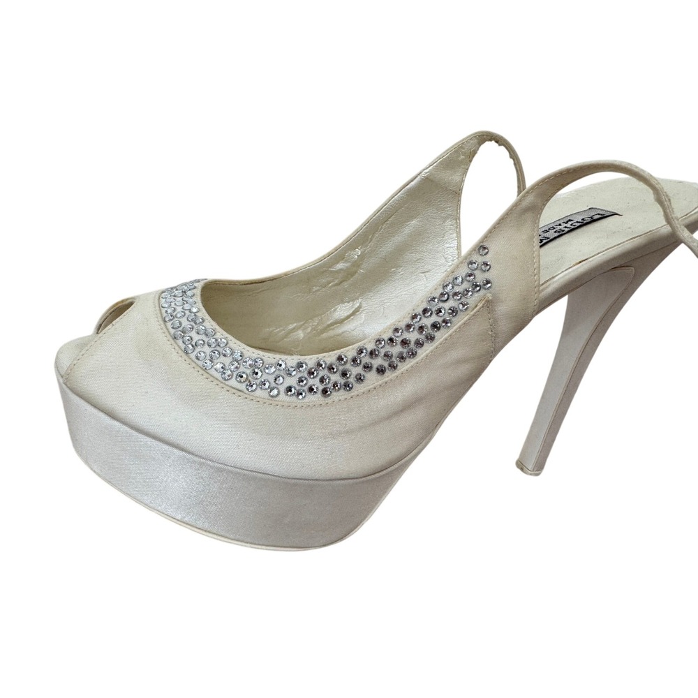 Louis Michel‎ Italy Cream Satin Rhinestone Platform Slingback Peep Toe Heels 37